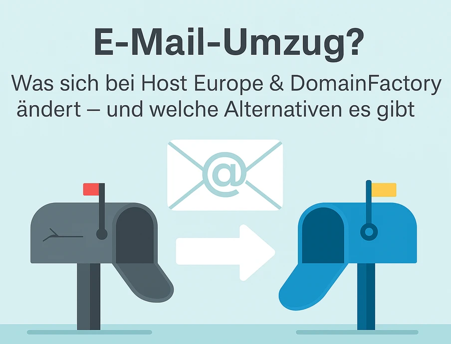 Zwei Briefkästen (grau links, blau rechts) mit Pfeil dazwischen; E‑Mail-Icon mit @.