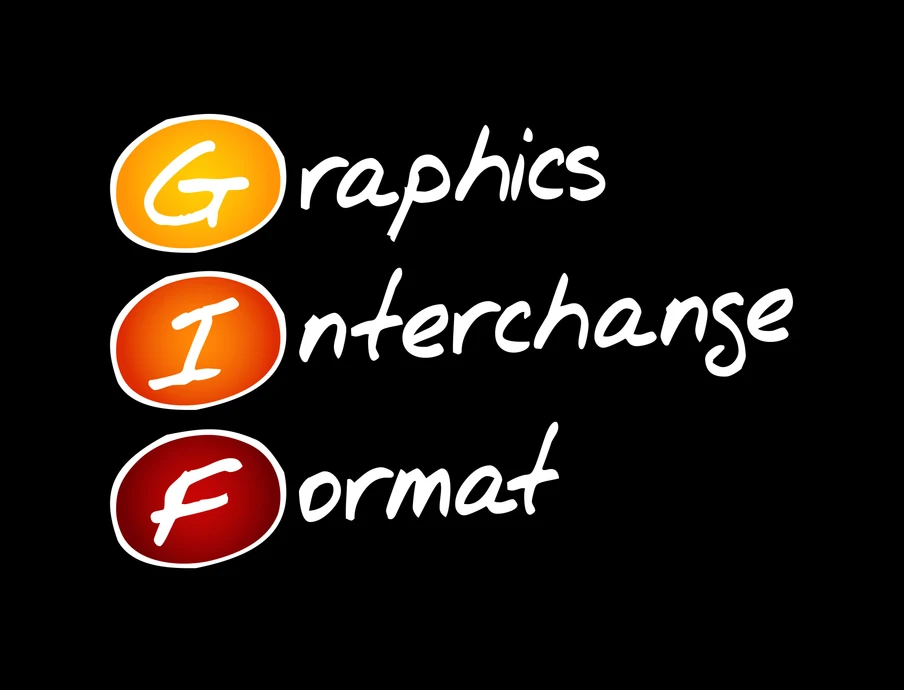 Schwarzer Hintergrund, drei orangefarbene Kreise mit G, I, F; daneben weiße Schreibschrift Graphics Interchange Format.