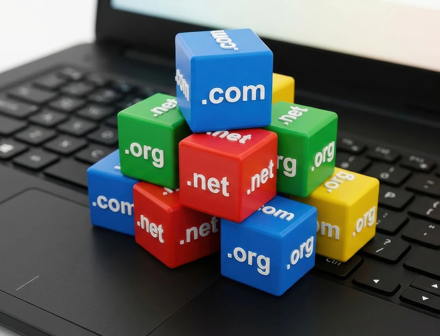 Bunte Würfelstapel mit Domain-Endungen (.com, .org, .net) auf einer Laptop-Tastatur.