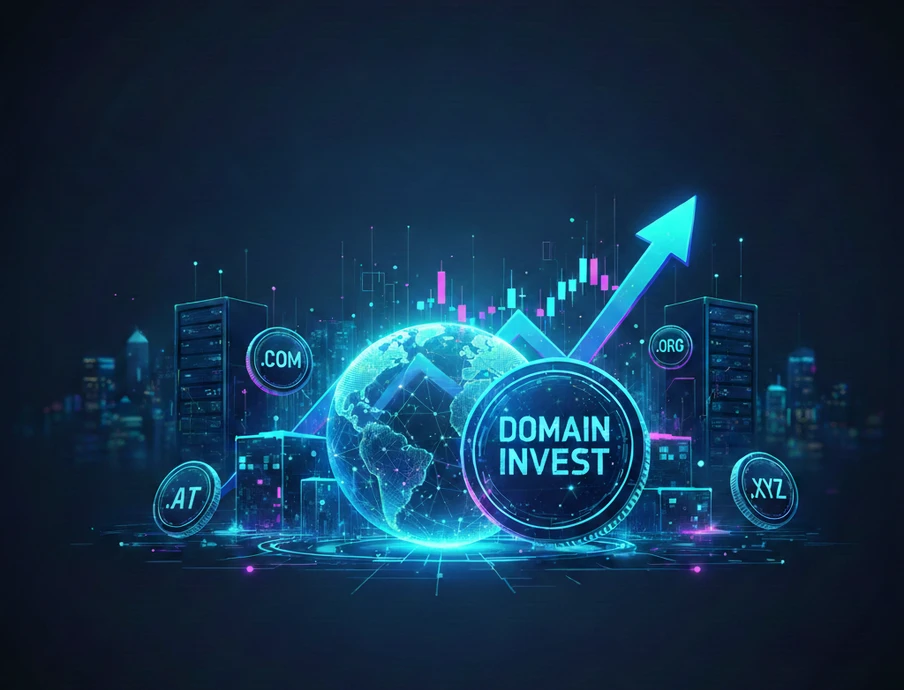 Neonblaues 3D-Bild einer Weltkugel mit DOMAIN INVEST, Domain-Symbole (.COM, .ORG, .XYZ) und aufwärts zeigendem Pfeil.