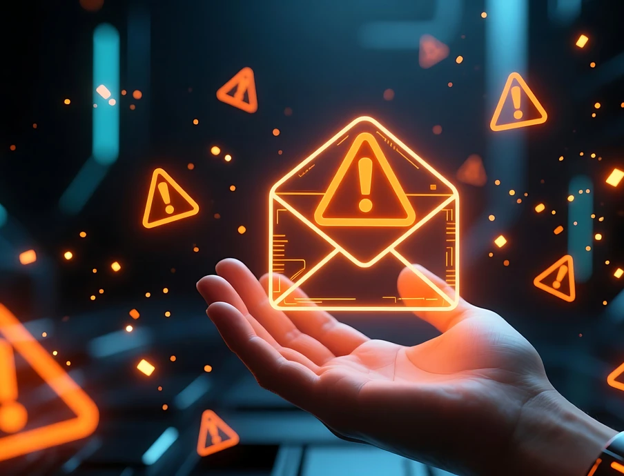 Eine Hand hält ein leuchtendes Briefumschlag-Symbol mit Ausrufezeichen; orange Warnsymbole umgeben es.