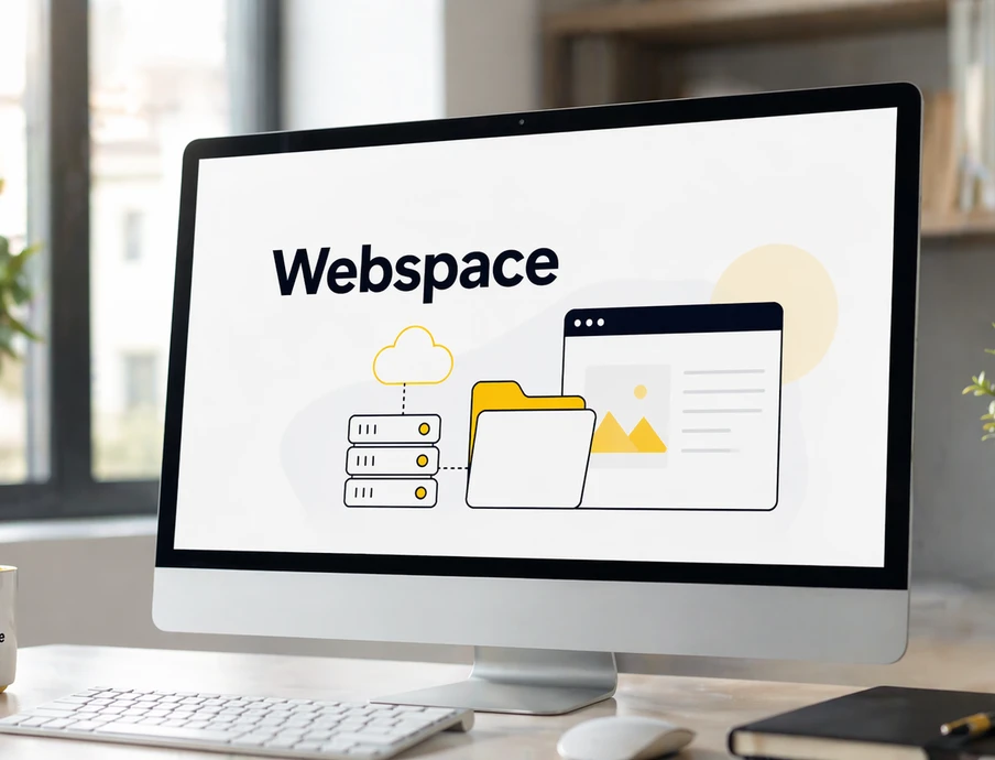 Computerbildschirm zeigt 'Webspace' mit Server-, Ordner- und Fenstersymbol; Schreibtisch mit Tastatur, Maus, Tasse und Pflanzen.