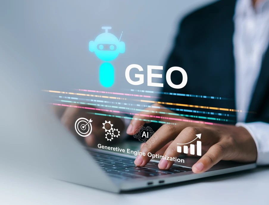 Person im Anzug tippt auf transparente holografische Oberfläche mit GEO-Logo, Robotersymbol und Symbolen.