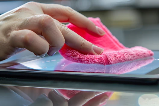 Nahaufnahme einer Hand, die ein pinkes Mikrofaser-Tuch über eine glatte Glasoberfläche wischt.