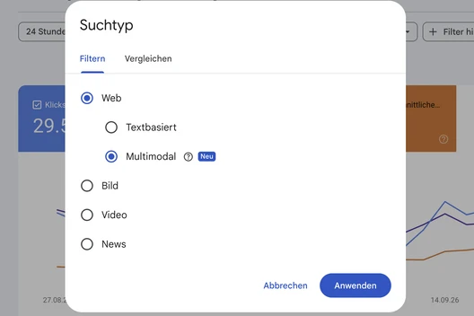 Browserfenster mit weißem, abgerundeten Dialog 'Suchtyp' und Optionen Web, Multimodal (ausgewählt), Abbrechen, Anwenden.