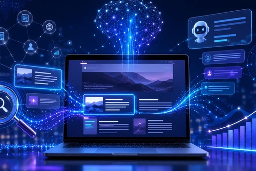 Offener Laptop mit holografischen Displays, Datenströmen, Icons und Diagrammen in blauem Netzmuster.