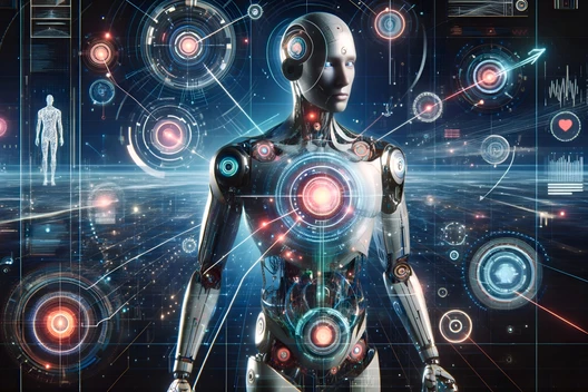 Ein humanoider Roboter mit metallischem Körper, umgeben von leuchtenden Kreisen, Linien und holographischen UI-Elementen.