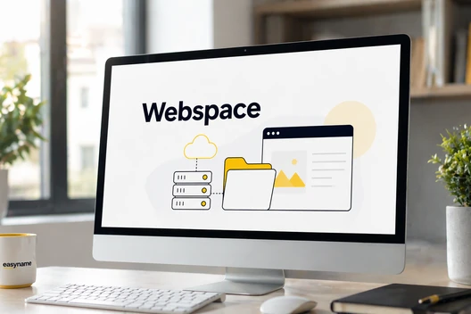 Computerbildschirm zeigt 'Webspace' mit Server-, Ordner- und Fenstersymbol; Schreibtisch mit Tastatur, Maus, Tasse und Pflanzen.