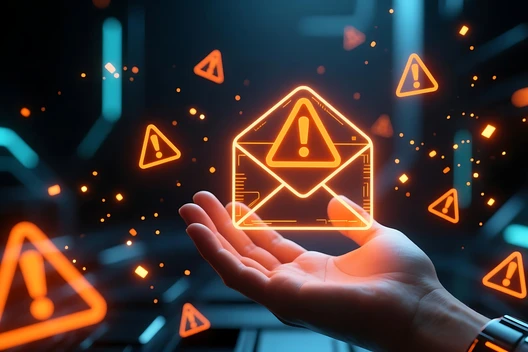 Eine Hand hält ein leuchtendes Briefumschlag-Symbol mit Ausrufezeichen; orange Warnsymbole umgeben es.